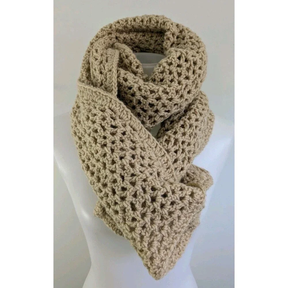 Handmade Crochet Knit Scarf Wide Beige Tan Neck Wrap Soft Boho Neutral Cottage